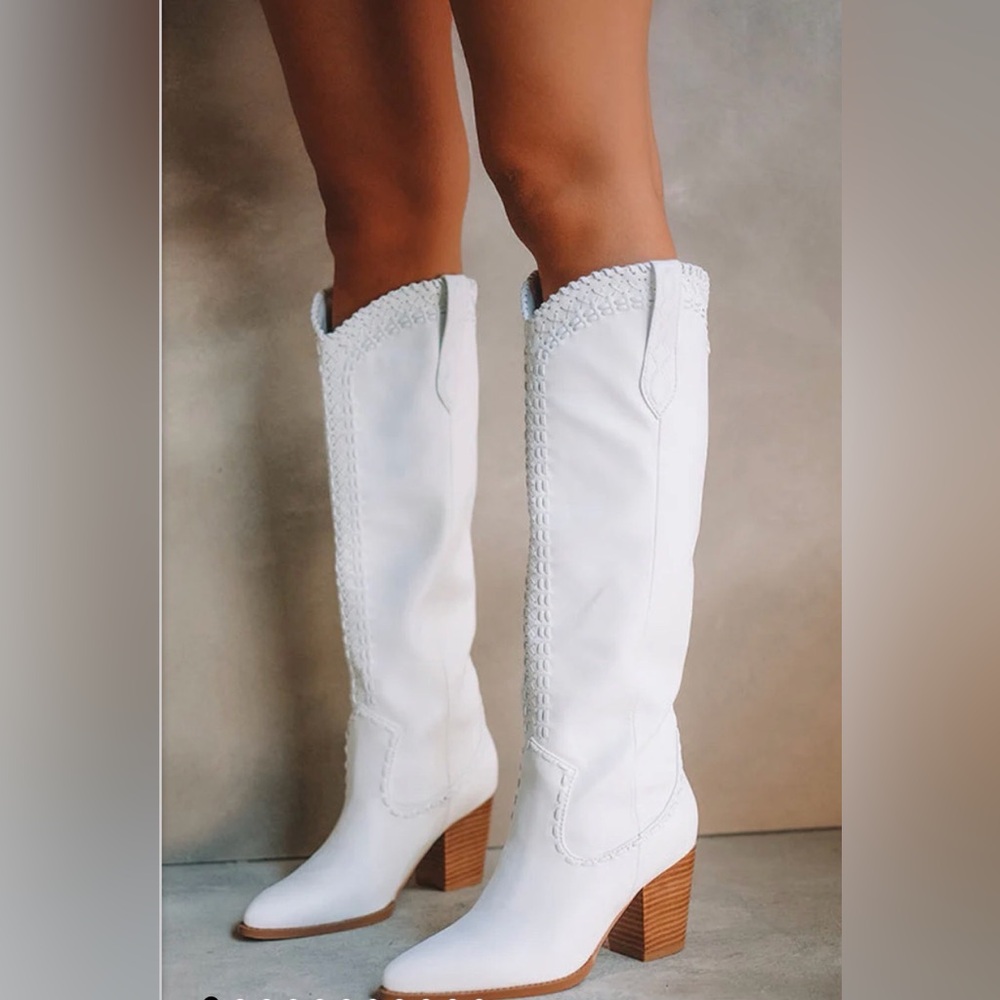 White Women's Tall Western Boot with Block Heel